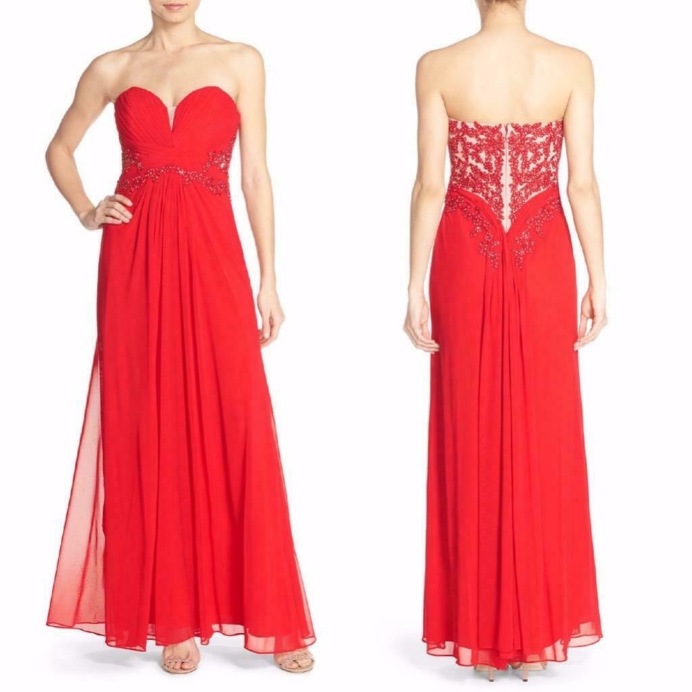 NEW Xscape RED Strapless EMBELLISHED Embroidered BEADED Mesh EVENING Dres GOWN 0